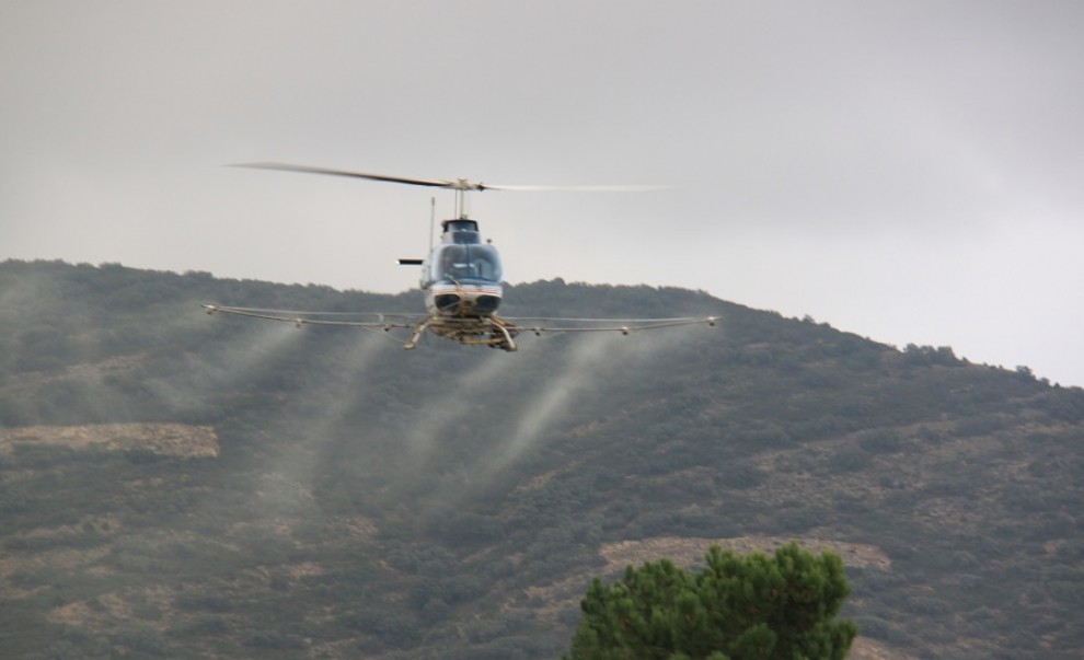Helicòpter fent el tractament sobre els boscos de Talarn