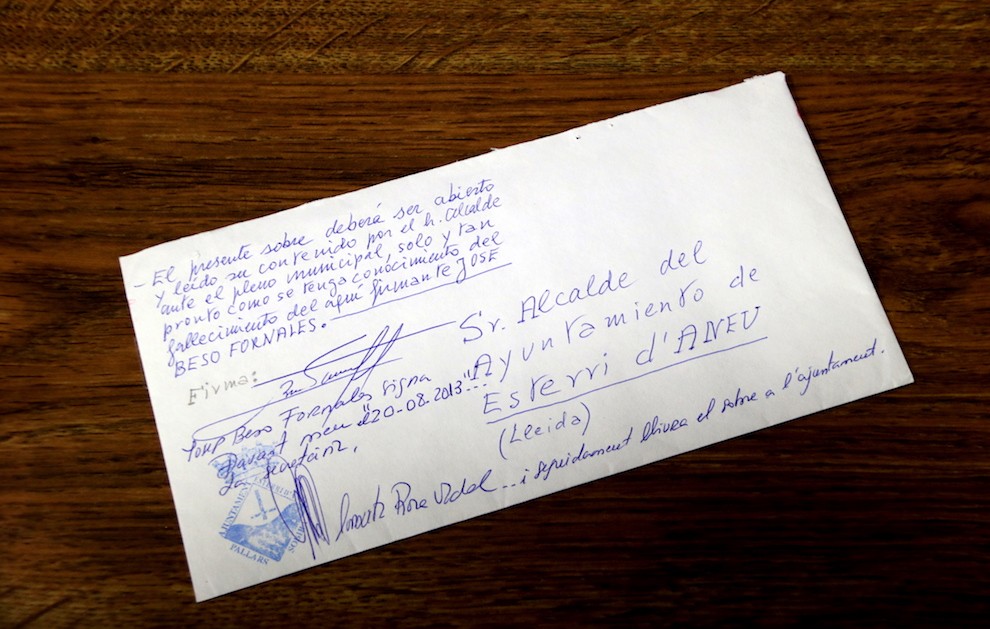 La carta que el senyor Josep Beso va deixar per l'Ajuntament d'Esterri d'Àneu