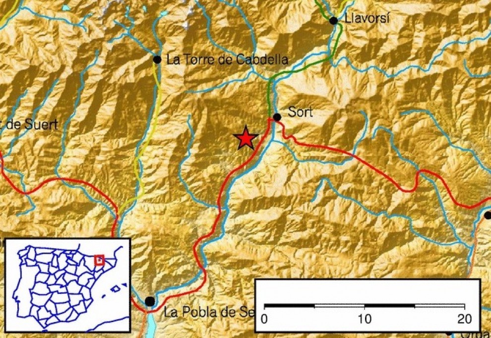 Imatge sobre el mapa del punt exacte del terratrèmol de Sort