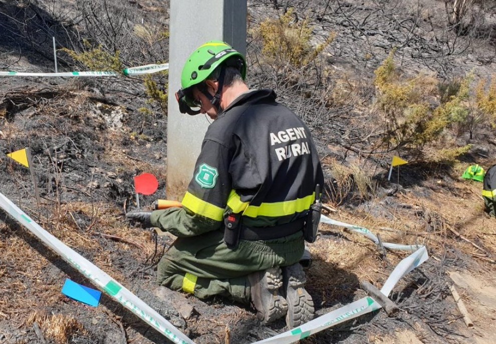 Els Agents Rurals investigant les causes de l’incendi al punt d’inici del foc