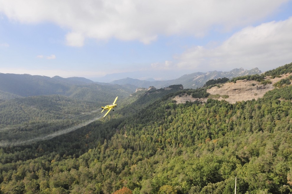 Una avioneta efectuant un tractament en un bosc català