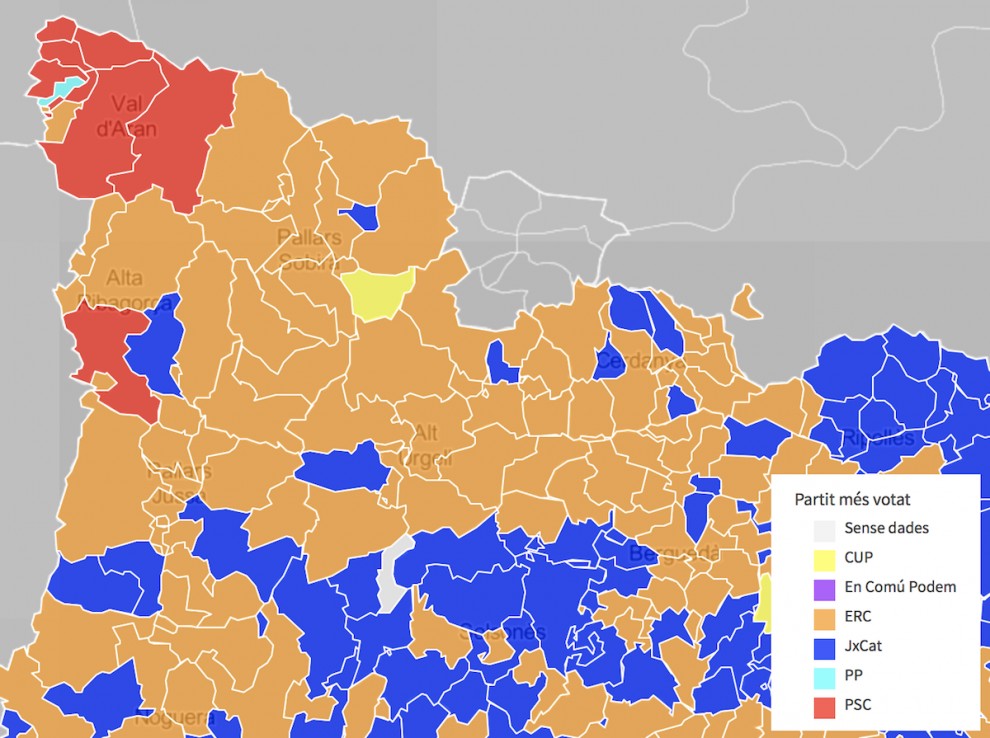 Mapa de Catalunya, en funció del partit més votat el 10-N