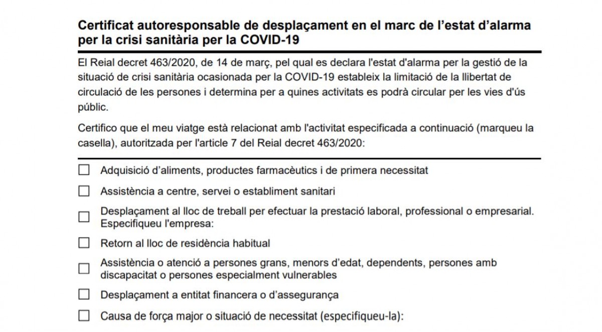 El certificat de la Generalitat per sortir de casa