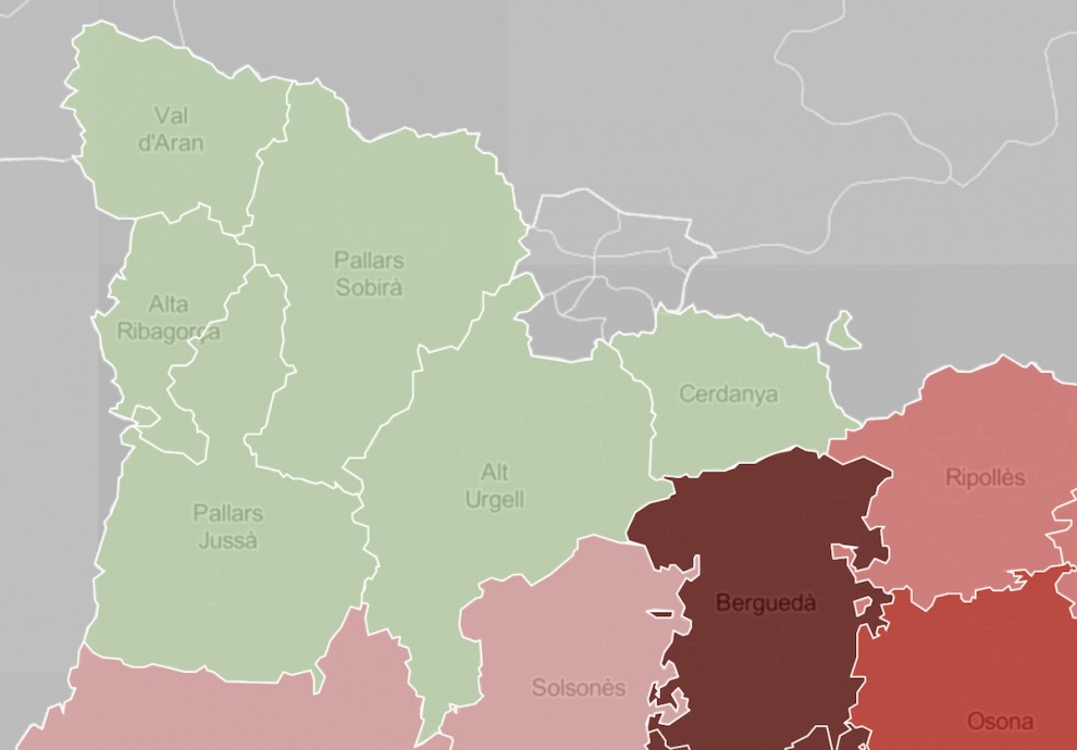 Mapa comarcal en funció de la ràtio de morts per coronavirus al maig