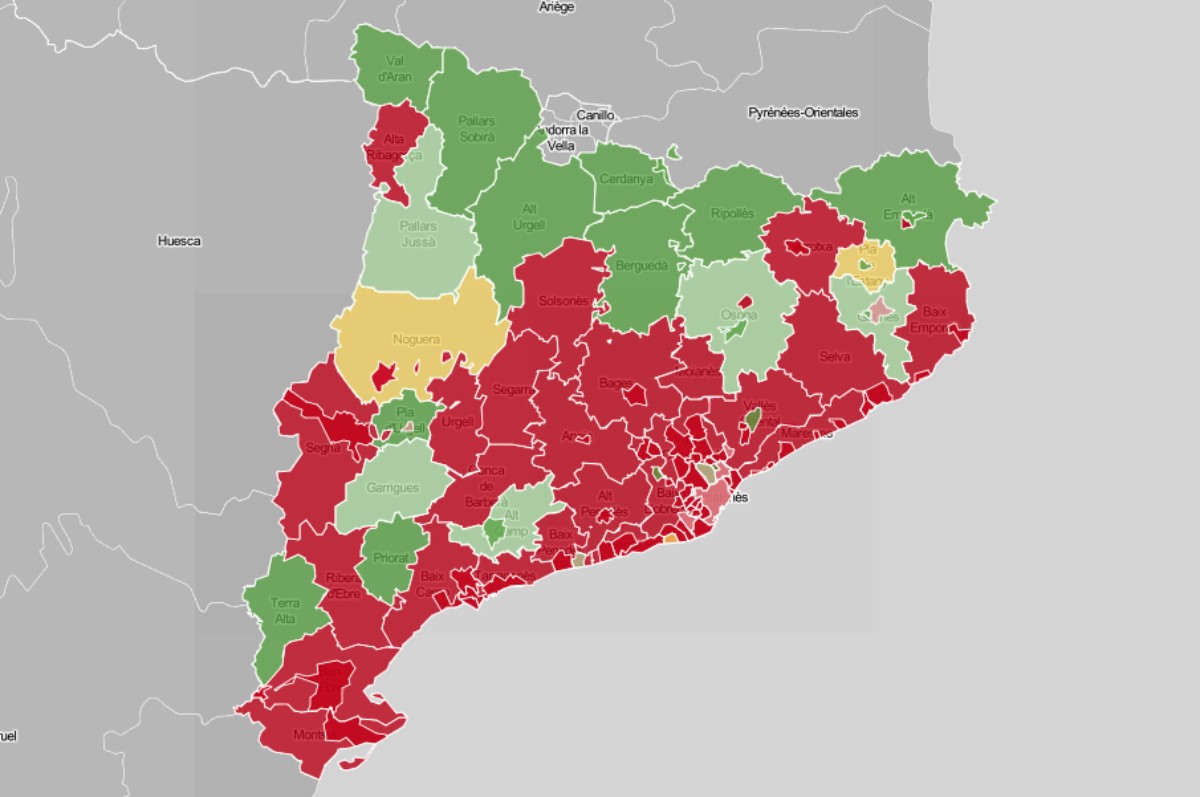 Mapa de municipis i comarques, en funció de l'evolució del risc de rebrot
