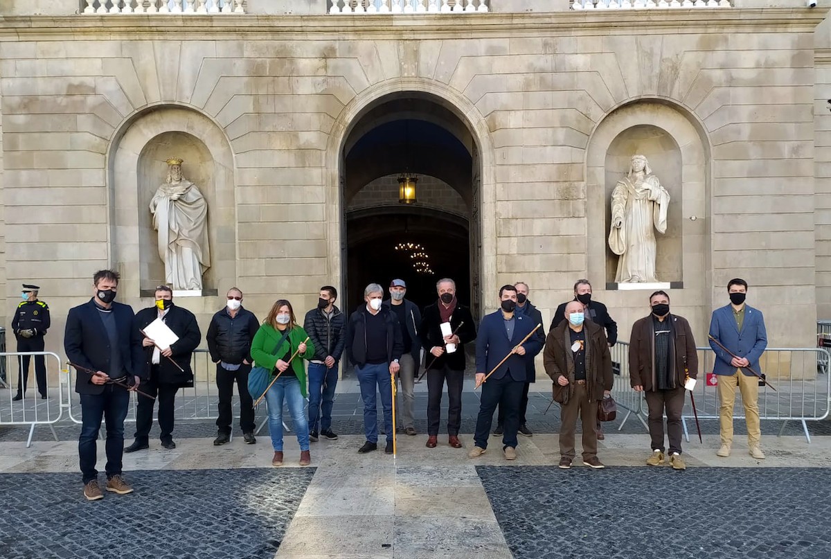 Els alcaldes, aquest matí, davant el Palau de la Generalitat