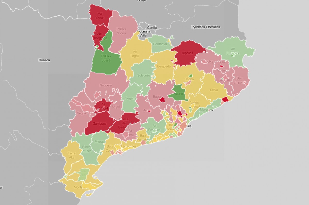 Mapa de municipis i comarques, en funció de l'evolució del nombre de contagis
