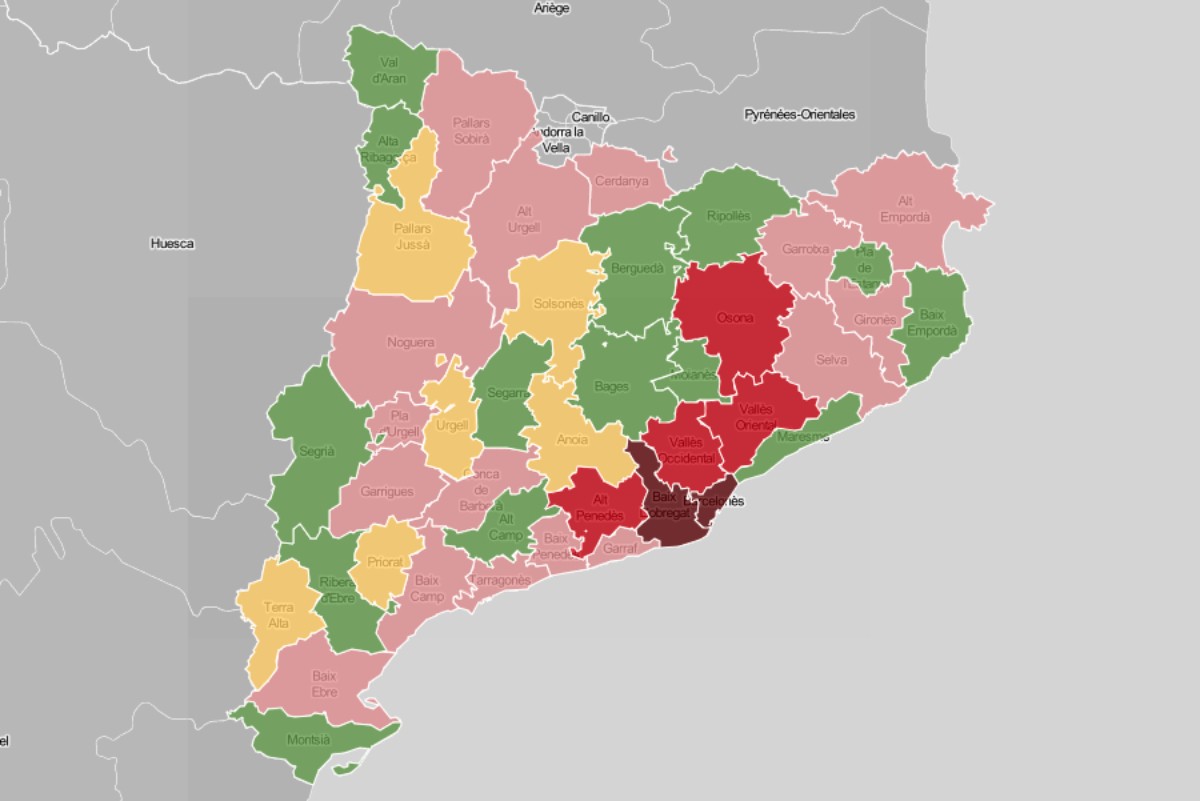 Mapa comarcal, en funció de la variació setmanal d'hospitalitzats