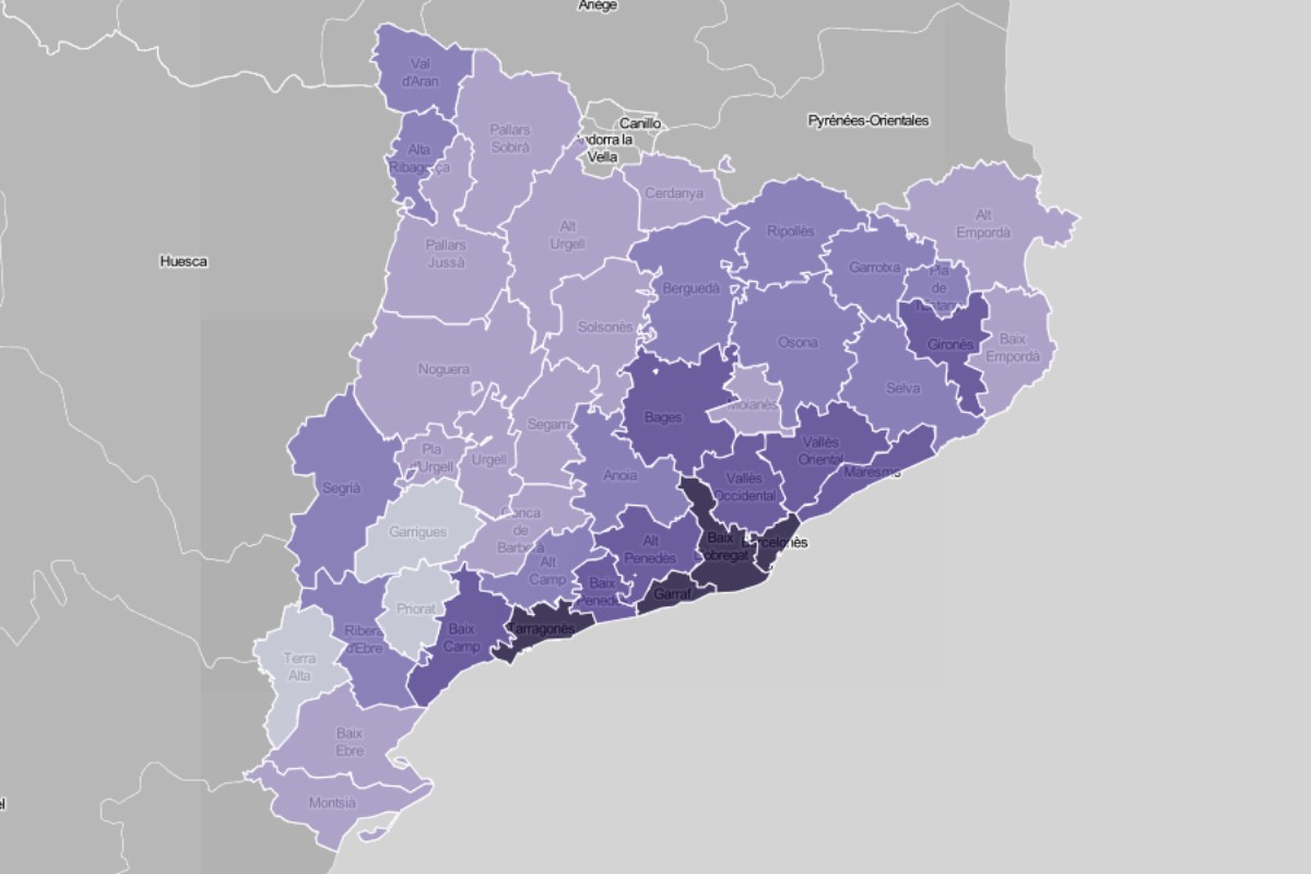 Mapa comarcal, en funció de la pensió mitjana dels jubilats