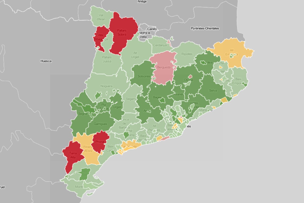 Mapa de municipis i comarques, en funció de l'evolució del nombre de contagis
