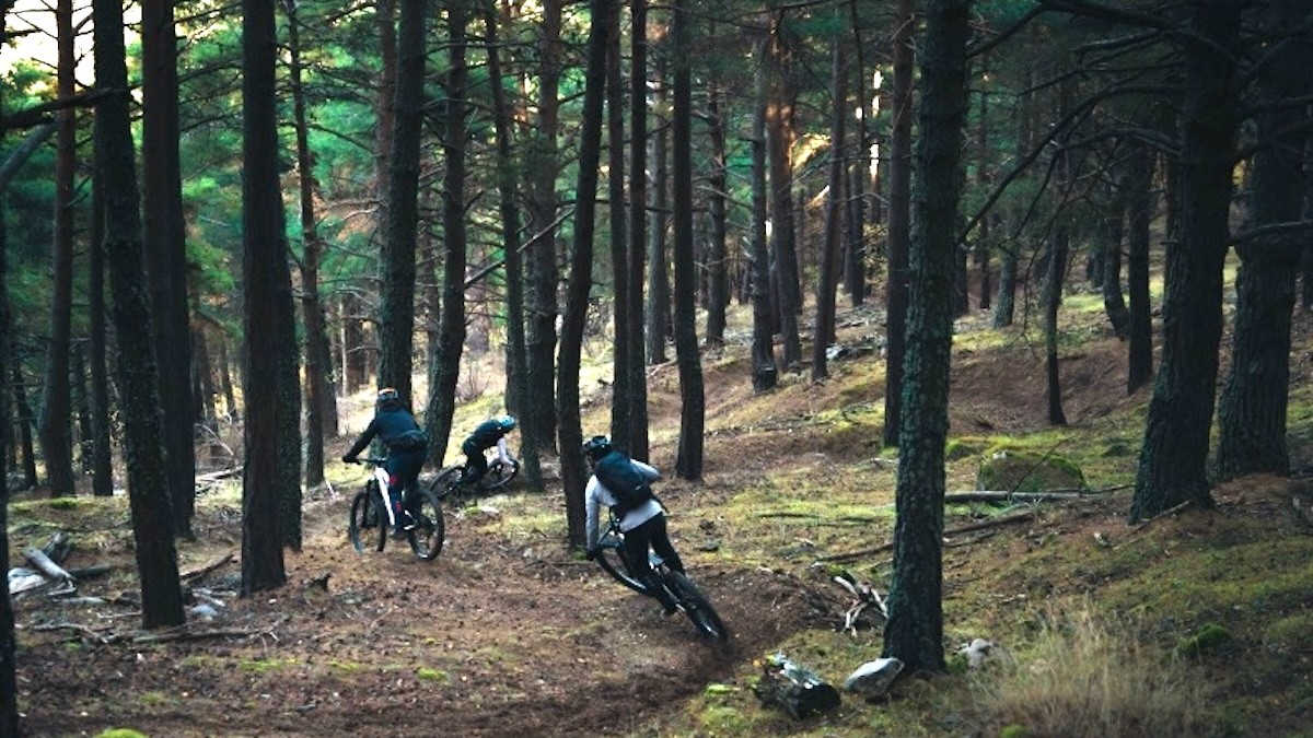 Tres ciclistes baixant per un bosc