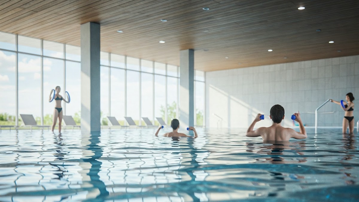 Imatge d'un grup de persones fent activitats en una piscina coberta, creada amb IA