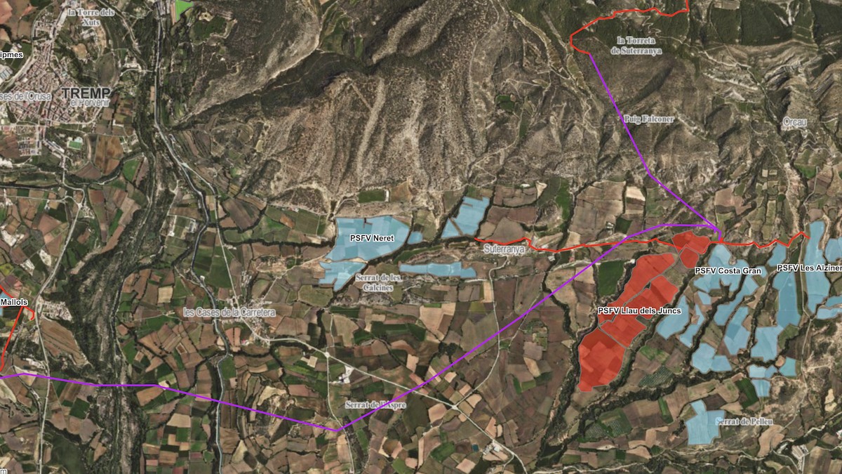 En vermell, ubicació del fallit parc solar Llau del Juncs, on ara es vol construir la subestació