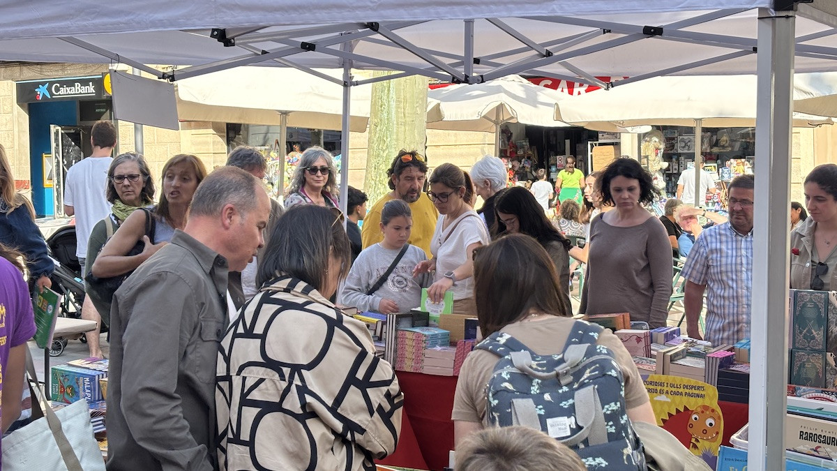 Lectors consultant llibres en una parada a la rambla Doctor Pearson de Tremp