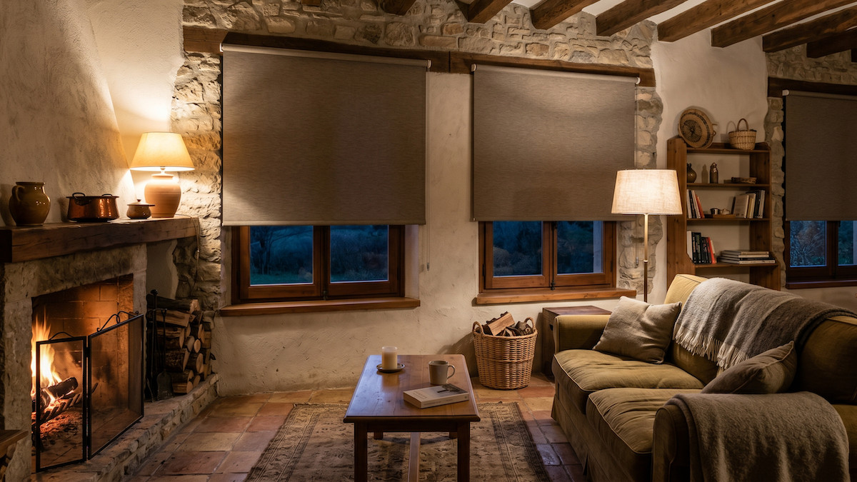 Una casa rural amb estors opacs a les finestres