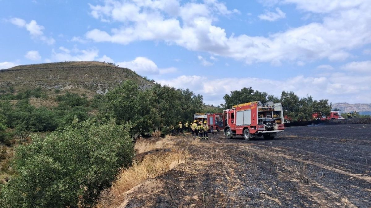 Bonbers treballant en l'extinció de l'incendi d'aquest diumenge a Fígols de Tremp