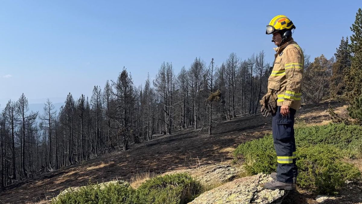 Un bomber durant les tasques d'extinció de l'incendi de Farrera, encara no extingit